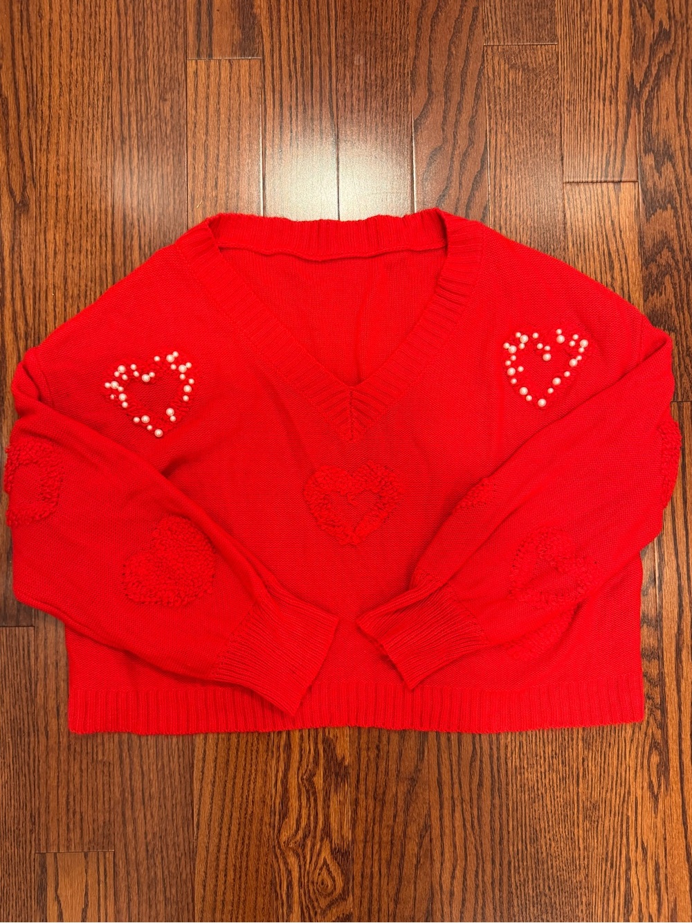 SHEIN Red V-Neck Heart Accent Sweater